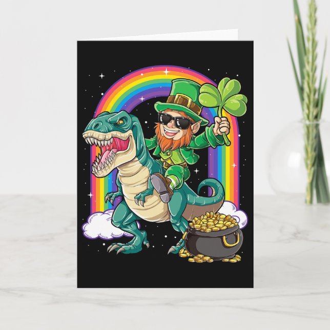 Cartão Leprechaun Riding Dinosaur St Patricks Day Boys Me (Frente)