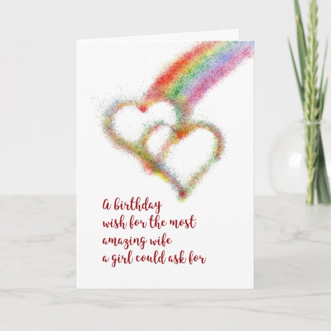 Cartão Lesbian Birthday Wish for Wife, Hearts, Rainbow (Frente)