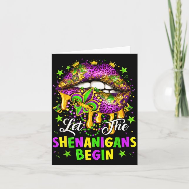 Cartão Let The Shenanigans Begin Mardi Gras Lips Girl Wom (Frente)