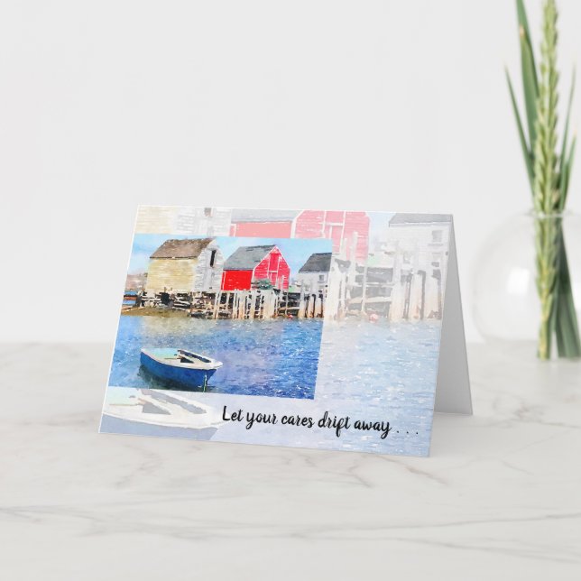 Cartão Let your cares drift away~Blue Rocks Fishing Shack (Frente)