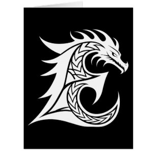 Cartão Letra E Estilizada com Dragão, Alfabeto de Dragão,