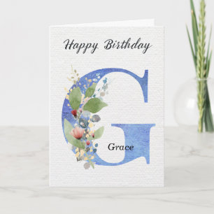 Cartão Letra G Aniversário Nome Personalizado Dela Azul M