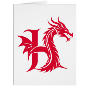 Cartão Letra H Estilizada com Dragão, Alfabeto de Dragão,