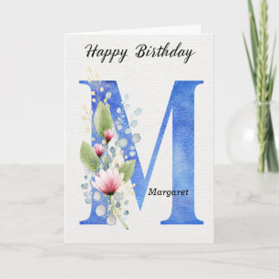 Cartão Letra M Aniversário Nome Personalizado Azul Monogr
