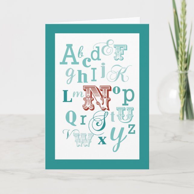 Cartão Letra N Nome Inicial Alfabeto Aniversário Teal e V (Frente)
