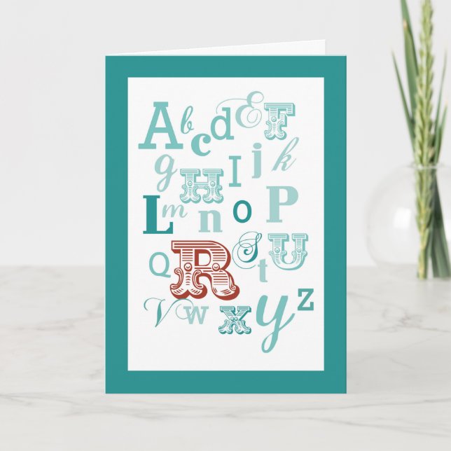 Cartão Letra R Nome inicial Alfabeto Aniversário Teal e V (Frente)