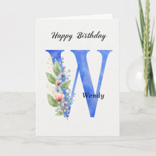 Cartão Letra W Aniversário Nome Personalizado Azul Monogr