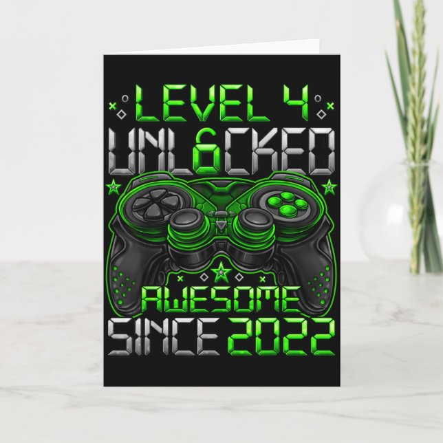 Cartão Level 4 Unlocked 4 Year Old Boys 4th Birthday Boy  (Frente)