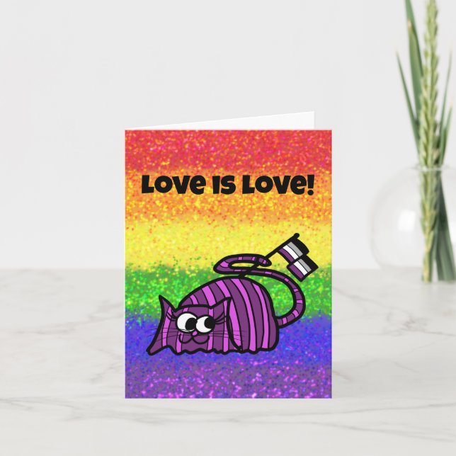 Cartão LGBTQIA O Amor é Amor Bandeira Asexual com Gato Ch (Frente)