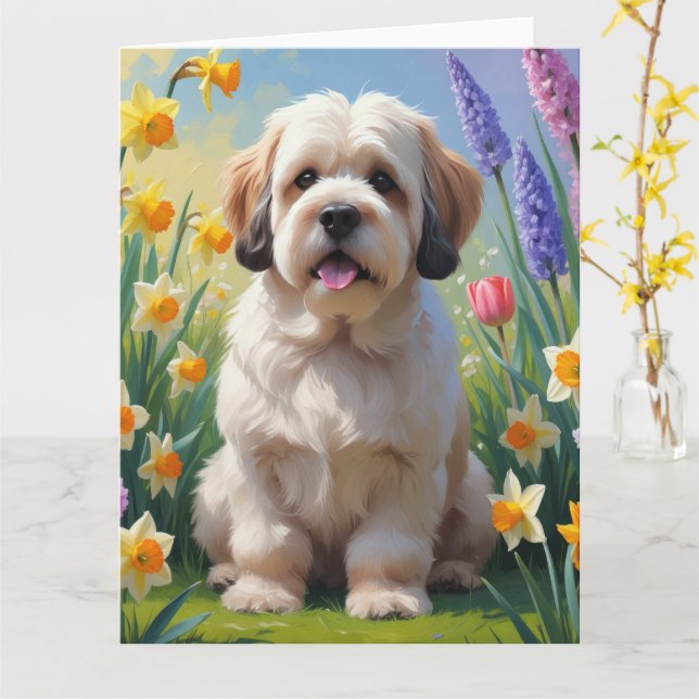 Cartão Lhasa Apso Cão Pintura de Flores da Primavera  (Flor Amarela)