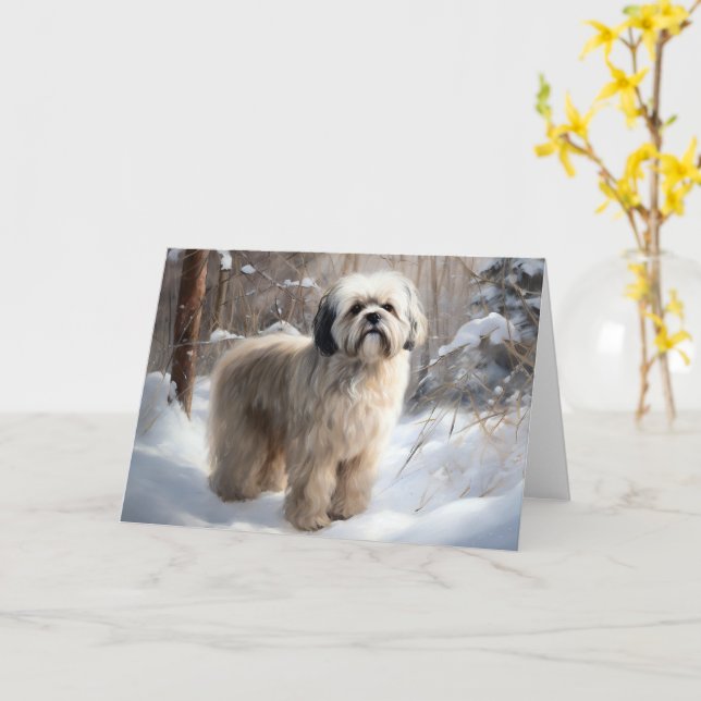 Cartão Lhasa Apso Deixe-A Neve Natal (Flor Amarela)