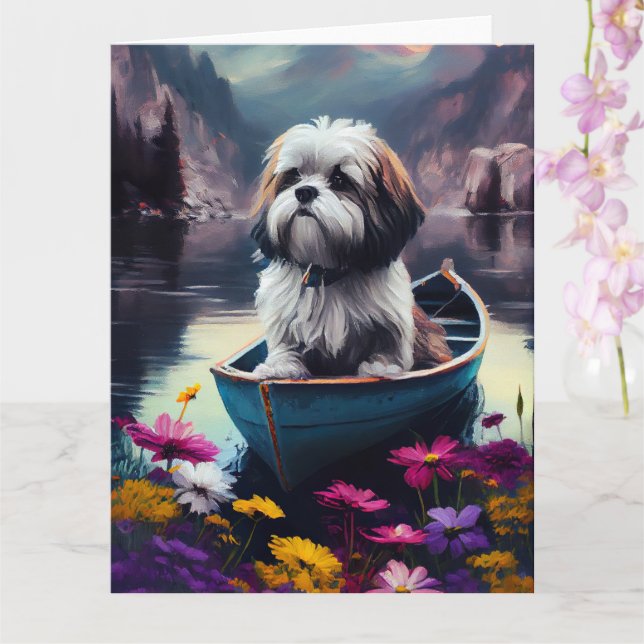 Cartão Lhasa Apso em um Paddle: Uma Aventura Cênica (Orquídea)