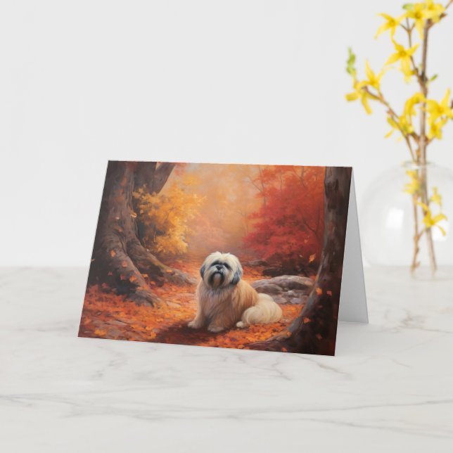 Cartão Lhasa Apso nas Folhas de Outono Caem Inspirar (Flor Amarela)