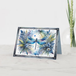 Cartão Libélula Azul Aquarela Botânica