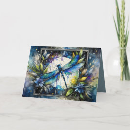 Cartão Libélula Azul Botânica Aquarela