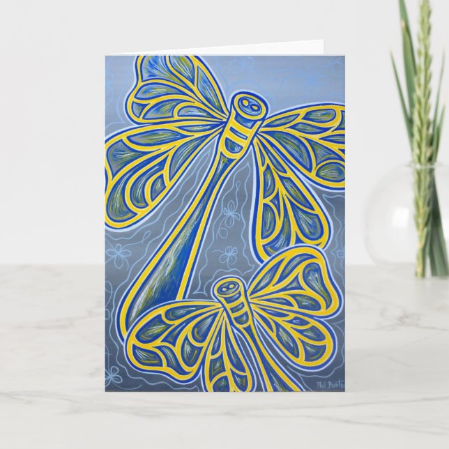 Cartão Libélulas azuis que cumprimentam (Frente)