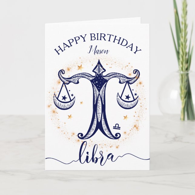 Cartão Libra Zodiac Navy & Gold Monochrome Birthday Card (Frente)