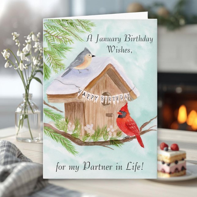 Cartão Life Partner Happy January Birthday Birds (Criador carregado)