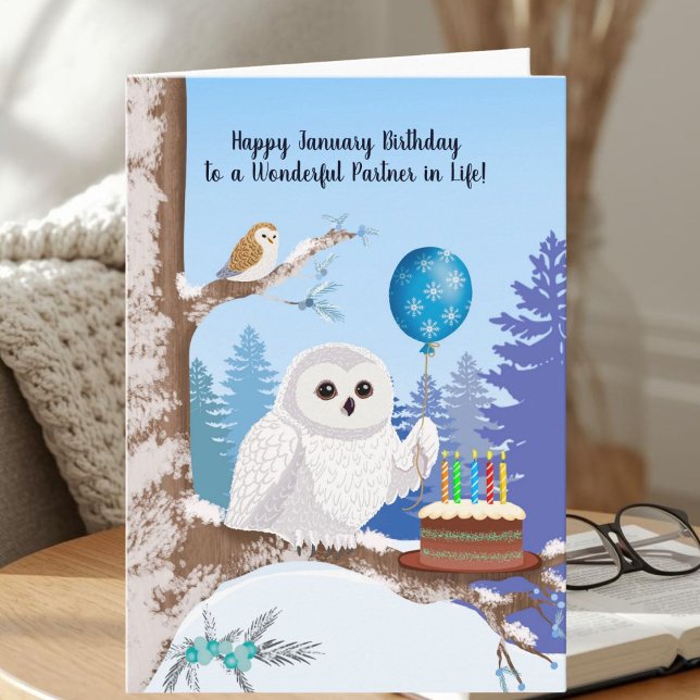 Cartão Life Partner Happy January Birthday Snowy Owl (Criador carregado)