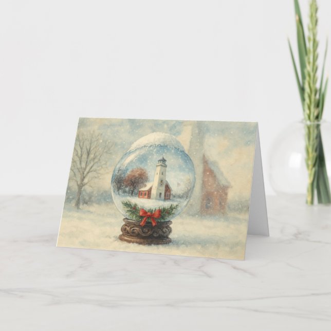 Cartão Lighthouse Snow Globe Christmas Holiday Card (Frente)
