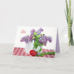 Cartão lilac bouquet with red tulip for birthday<br><div class="desc">Lilac bouquet in white picket fence box with red tulip on checkered place mat for birthday</div>