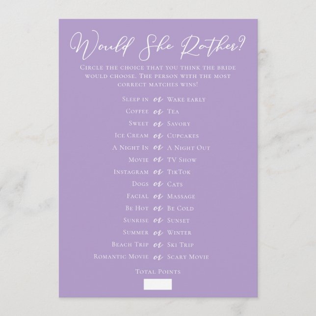 Cartão Lilac Purple Downloadable Bridal Shower Guess Game (Frente)