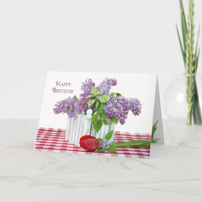 Cartão Lilacs e tulipa de aniversário (Frente)