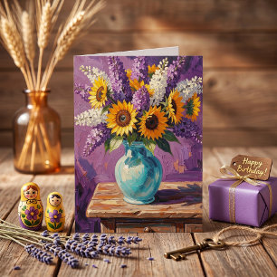 Cartão Lilases e Girassóis   Feliz Aniversário Mãe