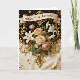 Cartão Lilies Rosas e Ouro Aniversário de 50 anos de Casa