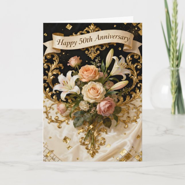Cartão  Lilies Roses and Gold 50th Wedding Anniversary (Frente)