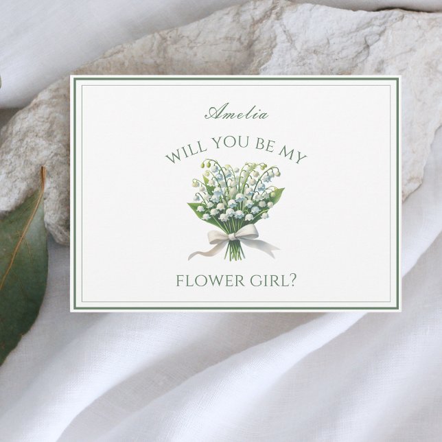 Cartão Lily Personalizada da Garota Flor do Vale do Arco (Personalized flower girl card with a lily of the valley design, perfect for chic garden wedding.)