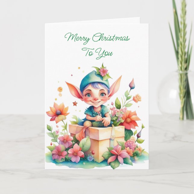 Cartão Linda Aquarela Branca De Natal Elf (Frente)