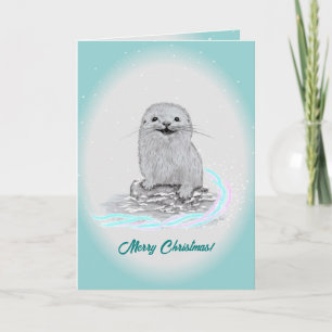 Cartão Linda Bebê de Lontra Marinha Branca, Feliz Natal