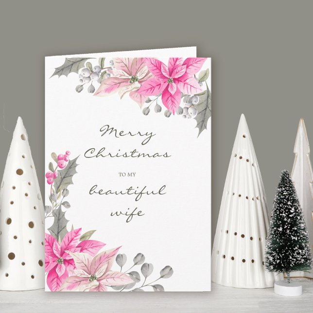 Cartão Linda Esposa Bonito Pink Poinsettia Natal (Wife Christmas Card. Buy professionally printed or as printable digital download.)