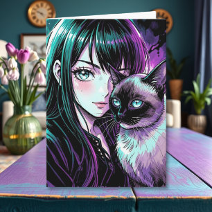 Cartão Linda Garota de Anime e Gato Siames