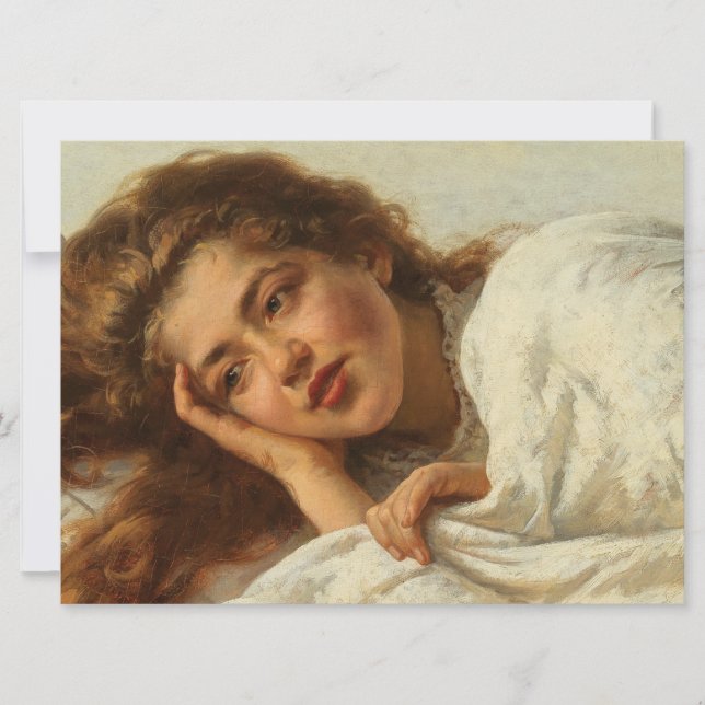 Cartão Linda garota deitada na cama com cabelo vermelho (Frente)