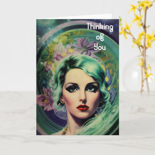 Cartão Linda Lavanda e Estilo Retro Verde Mulher Espacial