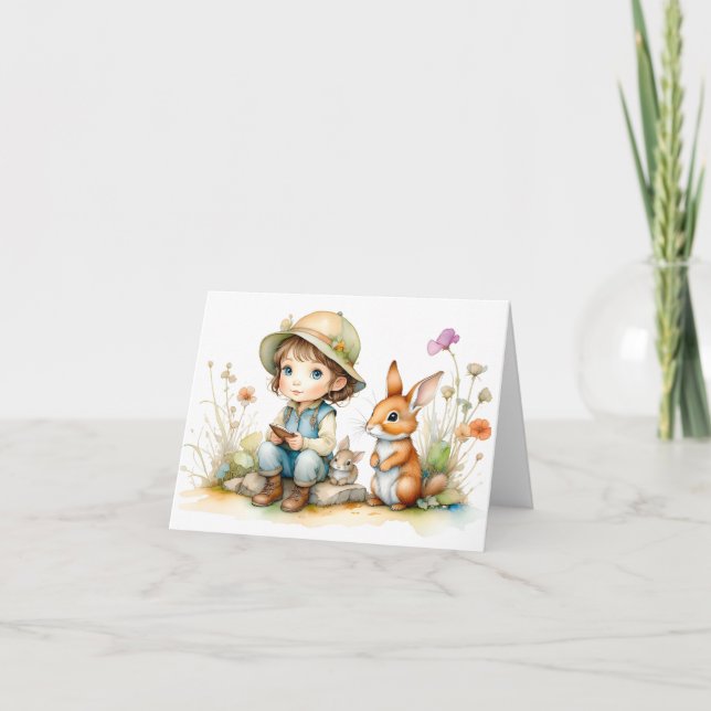 Cartão Linda Menina com Coelhos e Flores Branco  (Frente)