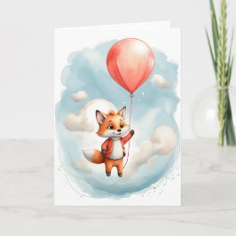 Cartão Linda raposa pequena aquarela balão vermelho grand