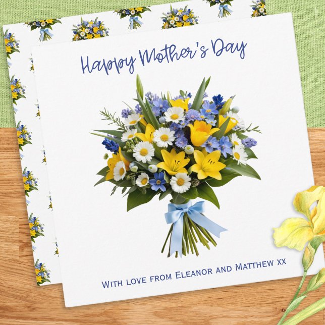 Cartão Lindas Flores da Primavera Personalizadas Dia das  (A personalized Mother's Day card, with picture of a beautiful hand-tied bouquet of Spring flowers)