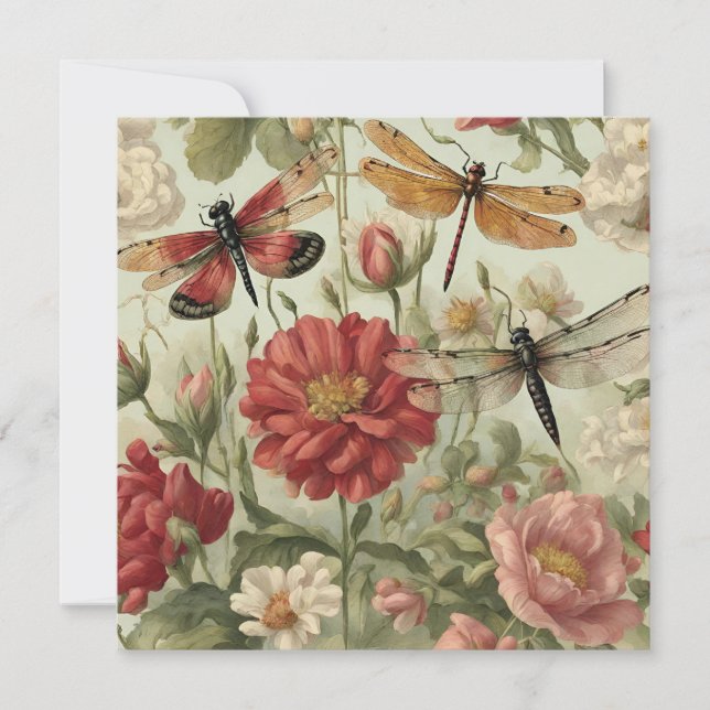 Cartão Lindas Flores Vintage e Dragonflies (Frente)
