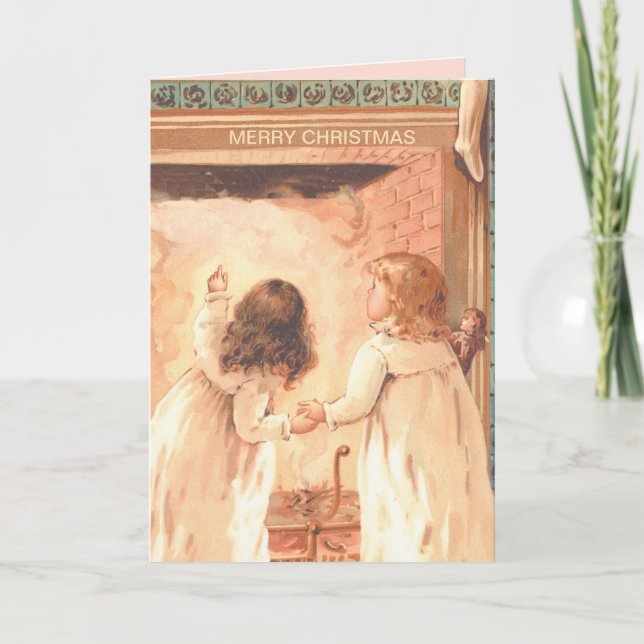 Cartão Lindas Meninas Esperam pelo Papai Noel Natal Antig (Frente)