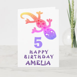 Cartão Lindas Meninas Lagartixa Gecko Rosa Feliz Aniversá