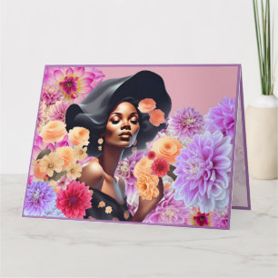CARTÃO LINDÍSSIMA MULHER NEGRA FLORES ROSAS BORBOLETAS