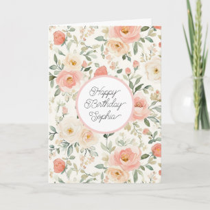 Cartão Lindo Aniversário Floral Rosa Bege