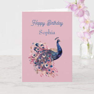 Cartão Lindo Azul Rosa Azul Marinho Pavão Aniversário