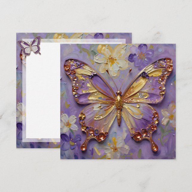 Cartão Lindo Borboleta Roxo e Flores em Branco (Frente/Verso)