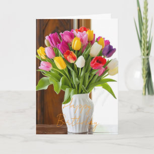 Cartão Lindo Buquê Tulipa Flor Rosa Inverno Aniversário