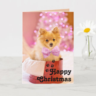 Cartão Lindo cachorrinho com laço rosa e Feliz Natal Cart
