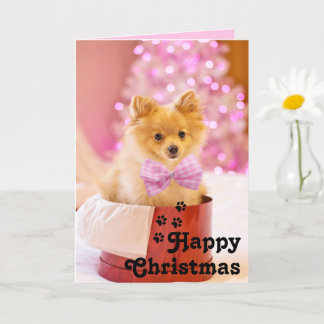 Cartão Lindo Cachorrinho com Laço Rosa & Feliz Natal Cart